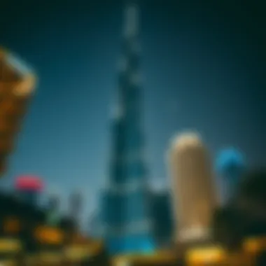 Evening view of Burj Khalifa lit up