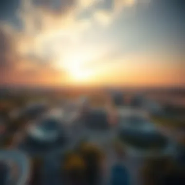 Aerial Perspective of Dubai Land's Urban Development Aerial view of Dubai Land showcasing modern architecture and lush landscapes