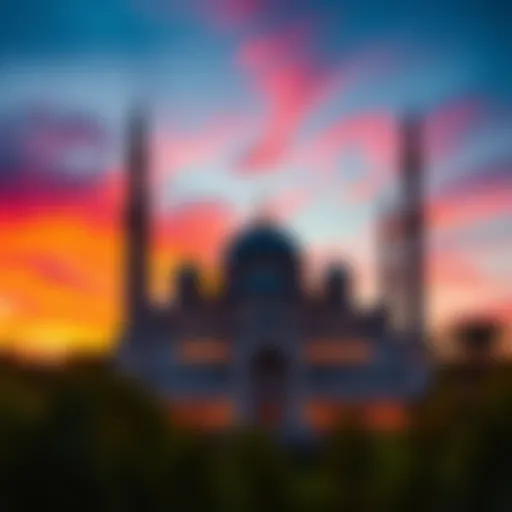 A serene view of a mosque at sunset in Dubai with a vibrant sky
