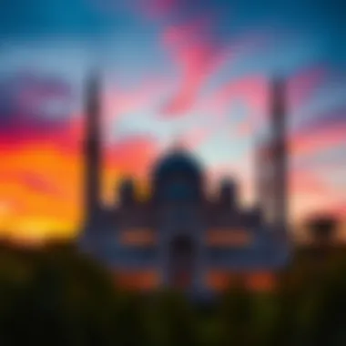Serene Mosque View at Sunset A serene view of a mosque at sunset in Dubai with a vibrant sky